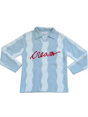 Cream Womens Blue White Red Wavey Soft Knit Collared Top Size Small